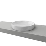 Timberline Radius round inset basin in gloss white ceramic, shown above a grey benchtop