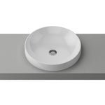 Timberline round gloss white ceramic inset basin with thin rim and centre waste hole on grey benchtop