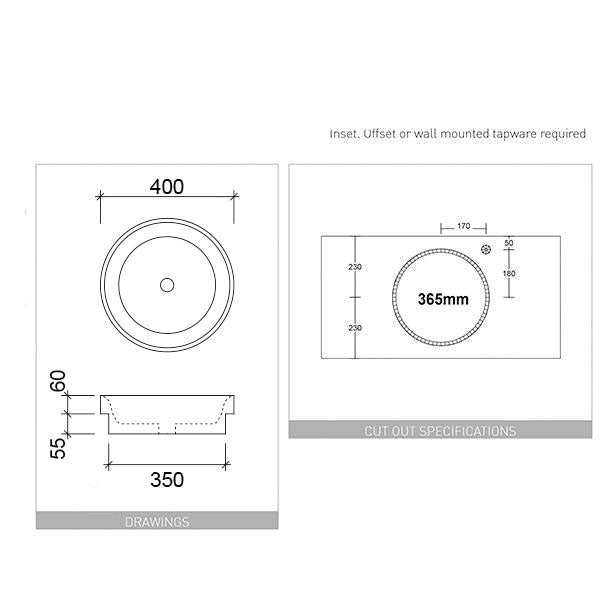 Technical drawing of Timberline Radius inset basin, showing round 400mm white ceramic basin and 365mm cut-out specifications