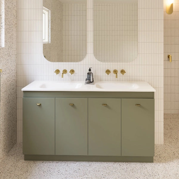 Timberline Rockford floor standing vanity with white Haven Dolomite basin top, olive green cabinet, front view