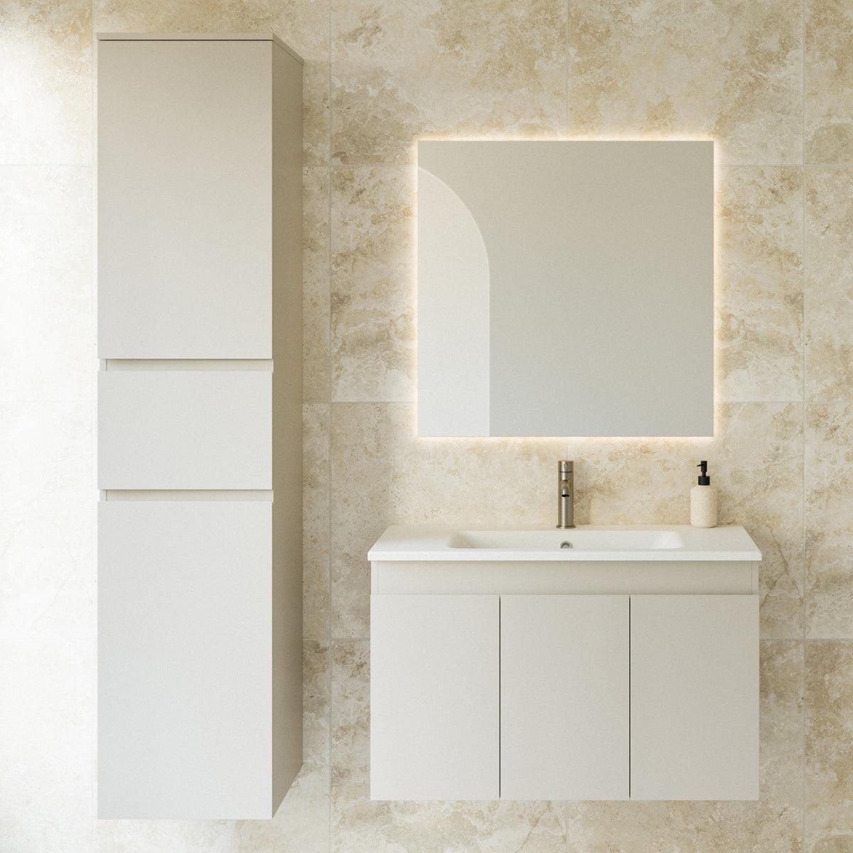 Timberline Rockford wall hung vanity with Haven Dolomite basin top, white 3-door cabinet in bathroom setting