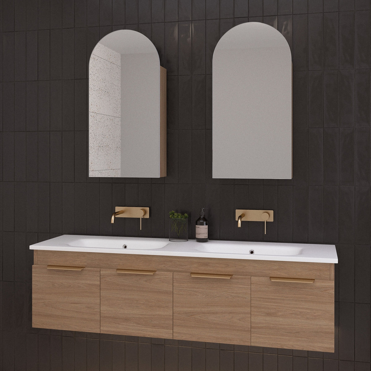 Timberline Rockford wall hung vanity with Haven Dolomite basin top, light woodgrain finish, 4-door front, 1200mm held against black tiles