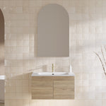 Timberline Rockford wall hung vanity with white Haven basin top, light woodgrain finish, in a tiled bathroom setting