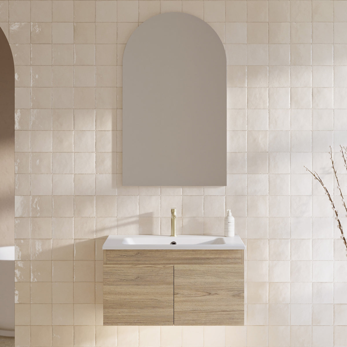 Timberline Rockford wall hung vanity with white Haven basin top, light woodgrain finish, in a tiled bathroom setting