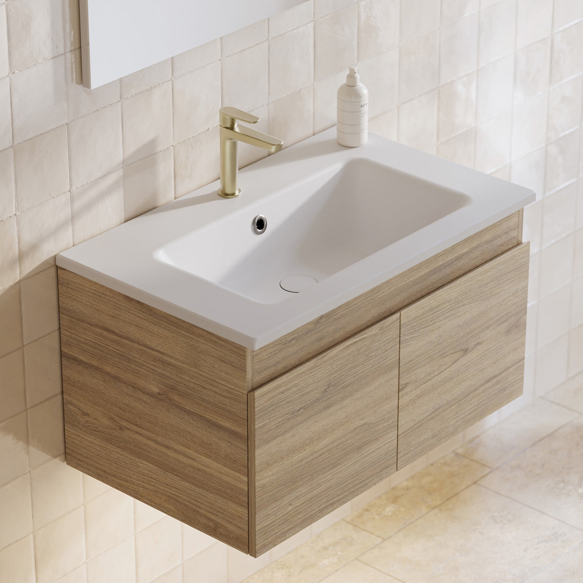 Timberline Rockford wall hung vanity with white Haven Dolomite basin top, light woodgrain finish and single-basin sink countersunk into tiled bathroom wall