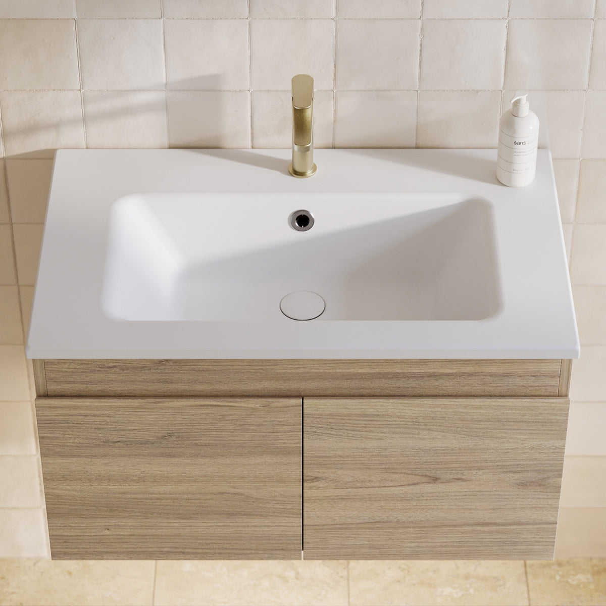 Timberline Rockford wall hung vanity with white Dolomite basin top and light timbergrain doors in bathroom view