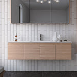 Timberline Rockford wall hung vanity in light timber finish with white Haven Dolomite top, shown in bathroom setting