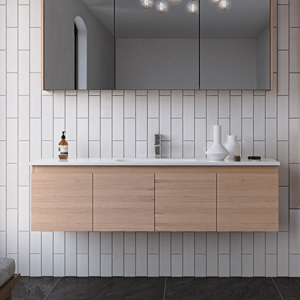 Timberline Rockford wall hung vanity in light timber finish with white Haven Dolomite top, shown in bathroom setting