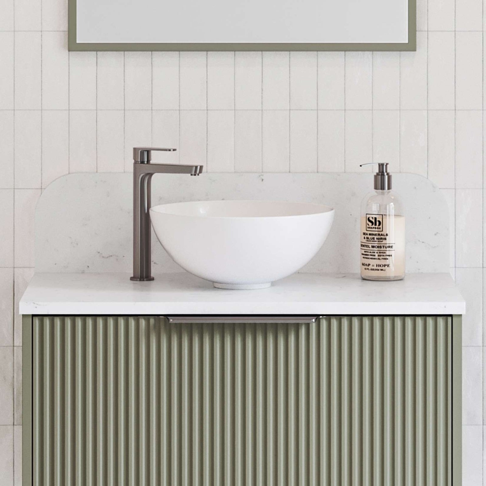 Timberline Rose white round above counter bathroom basin on a vanity with tapware
