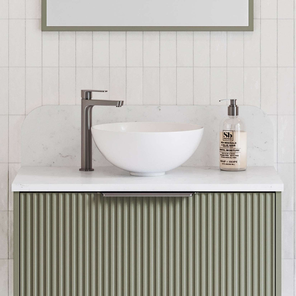 Timberline Rose white round above counter bathroom basin on a vanity with tapware