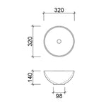 Timberline Rose above counter basin technical drawing, round white ceramic basin with 320mm diameter and 140mm height measurements