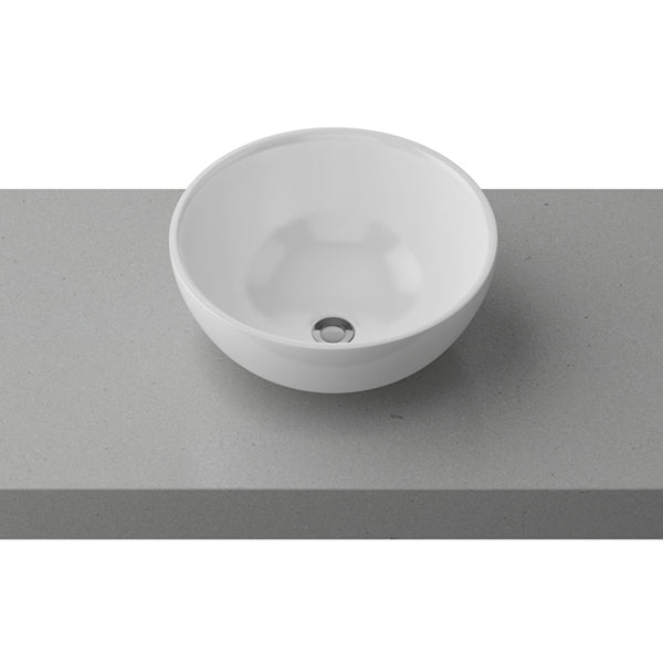 Timberline Rose white gloss ceramic round above counter basin on grey benchtop, front view