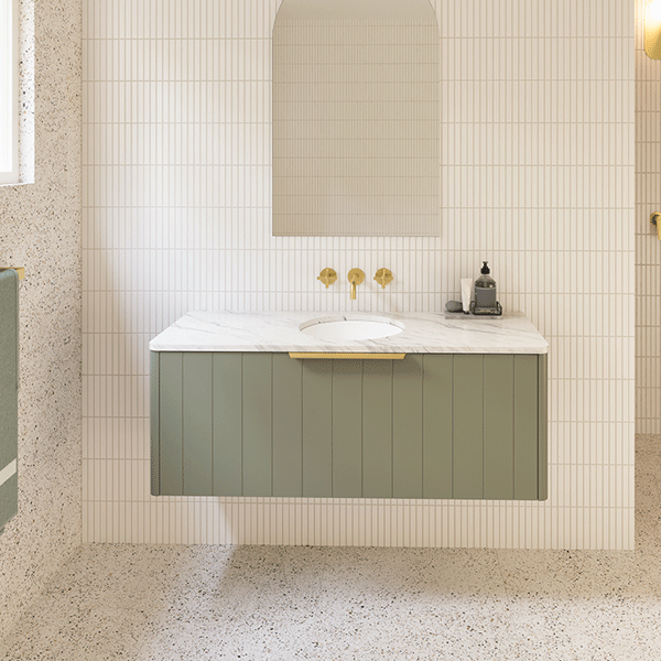 Timberline Saba wall hung vanity in olive green with vertical v-groove front, white basin and marble-look benchtop