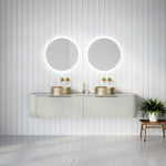 Timberline Santos Apollo fluted wall hung vanity with double above counter basins, light wood finish and grey top