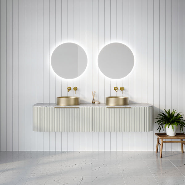 Timberline Santos Apollo fluted wall hung vanity with double above counter basins, light wood finish and grey top