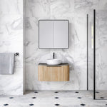 Timberline Santos Apollo fluted wall hung vanity with above counter basin in light timber finish, bathroom setting