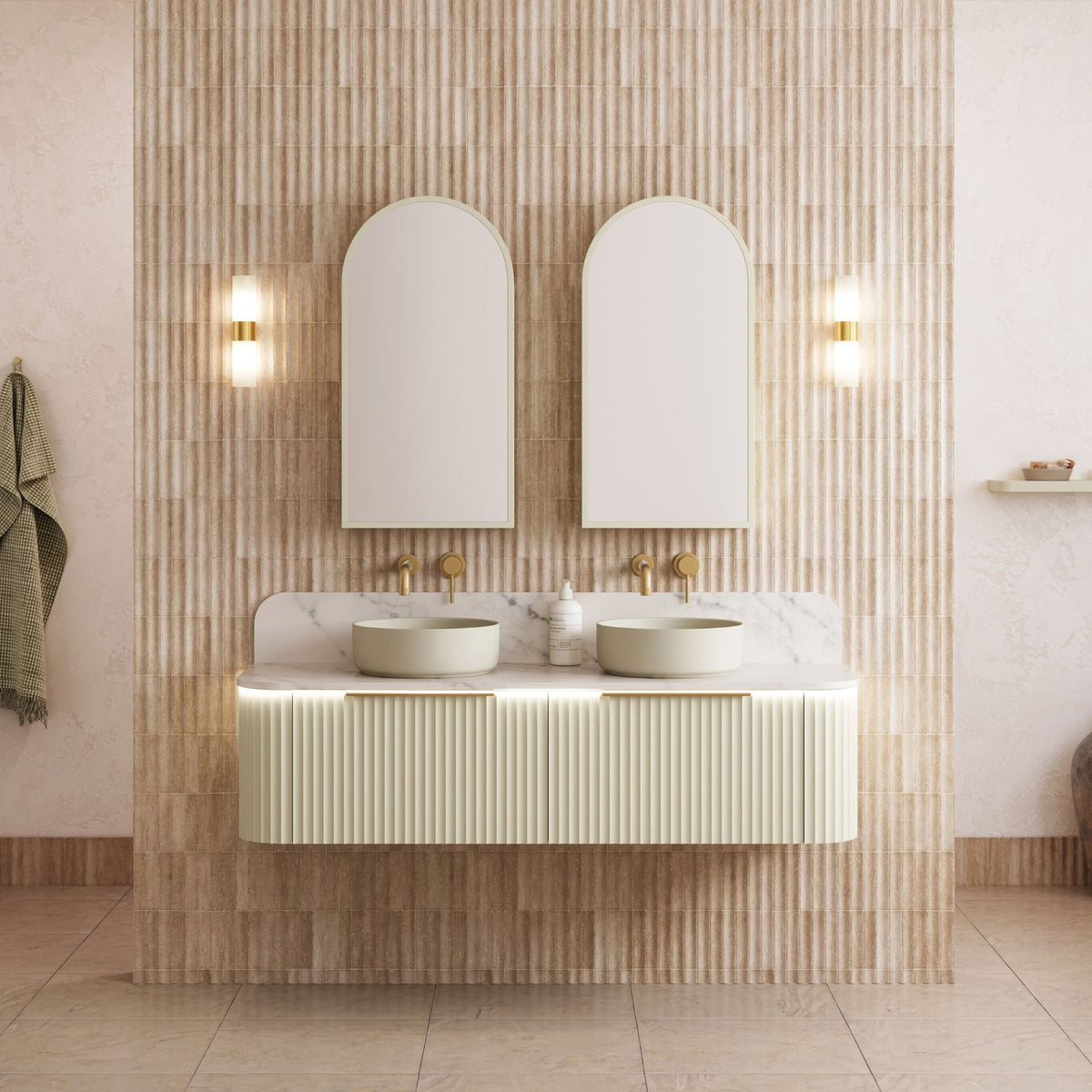 Timberline Santos Apollo fluted wall hung vanity with white top and twin above counter basins in a styled bathroom
