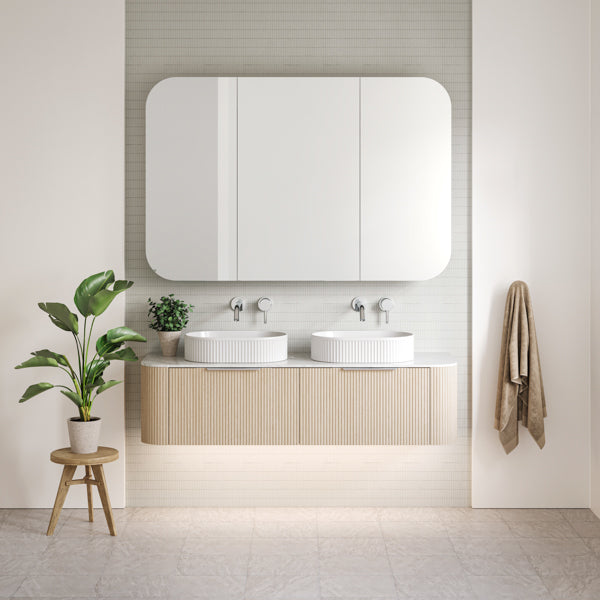 Timberline Santos Dockland fluted wall-hung vanity with double above-counter basins, coastal oak woodmatt finish and white top