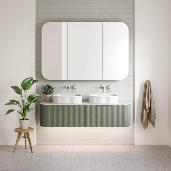 Timberline Santos Dockland fluted wall hung vanity with white above counter basins and rounded mirror, green finish