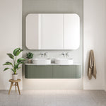 Timberline Santos Dockland fluted wall hung vanity with white above counter basins and rounded mirror, green finish