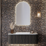 Timberline Santos Dockland fluted wall-hung vanity with grey woodgrain finish, solid top and above-counter basin in bathroom setting