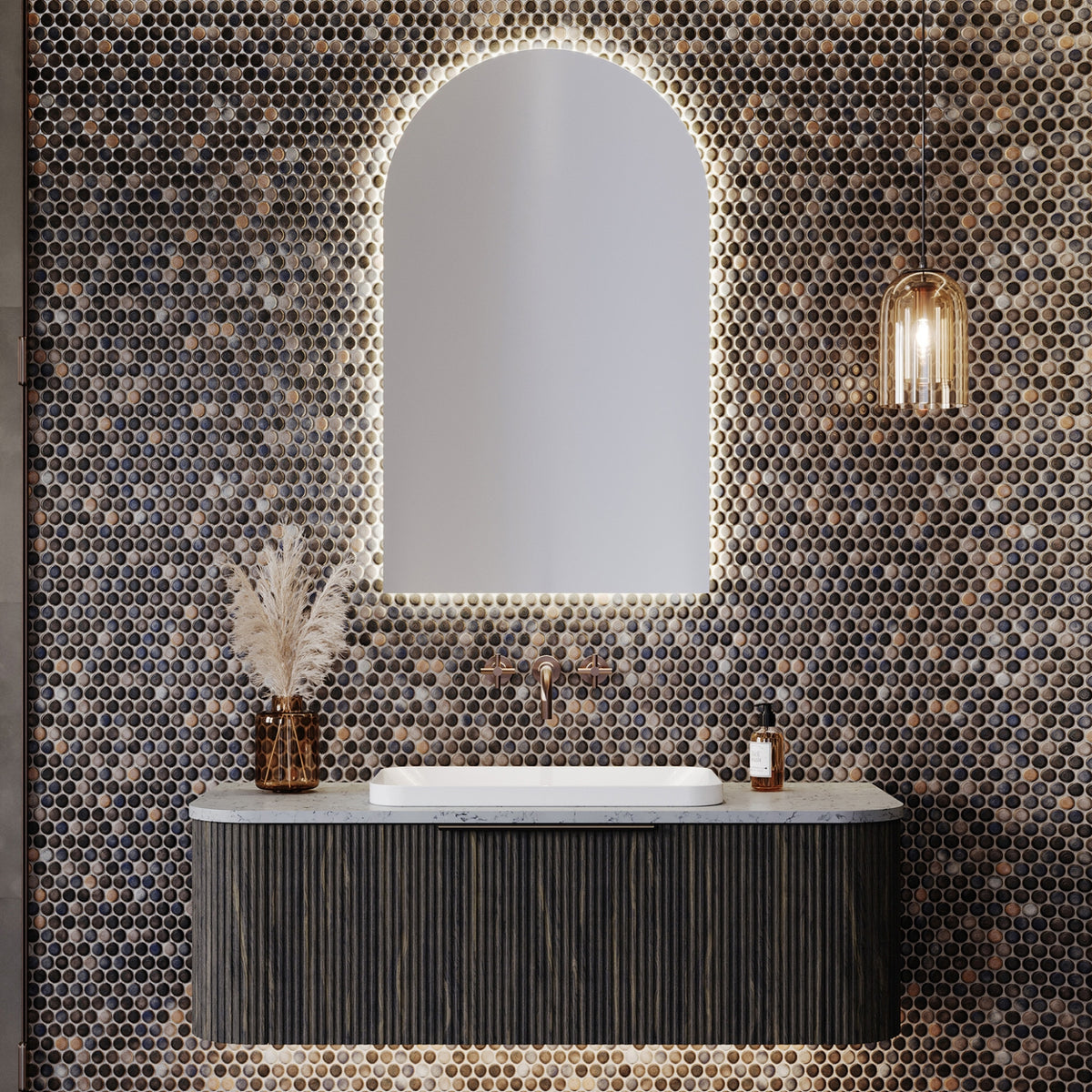 Timberline Santos Dockland fluted wall-hung vanity with grey woodgrain finish, solid top and above-counter basin in bathroom setting