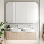 Timberline Santos Dockland fluted wall hung vanity with white top and twin above-counter basins in a bathroom setting