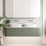 Timberline Santos Dockland wall hung vanity in sage green fluted finish with white top and twin round above-counter basins