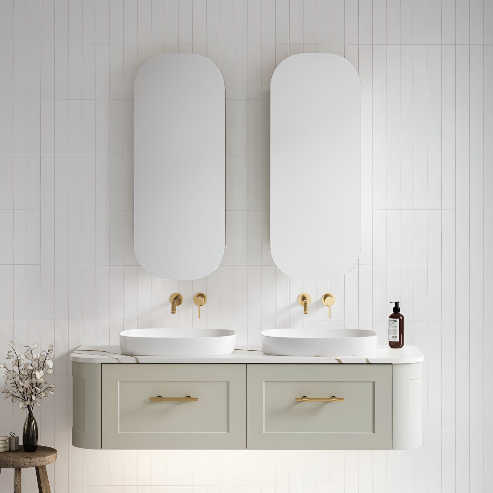Timberline Santos Sussex wall hung vanity in grey beige with white SilkSurface top and double above-counter basins
