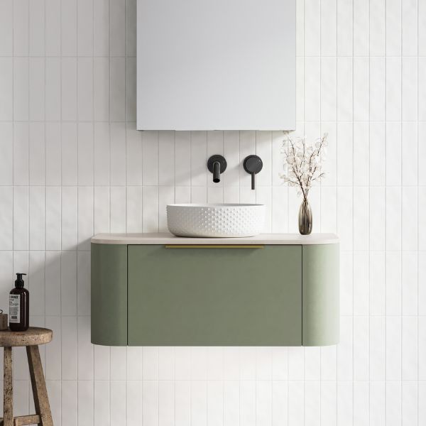 Timberline Santos wall hung vanity in olive green with curved ends, SilkSurface top and white basin, front view