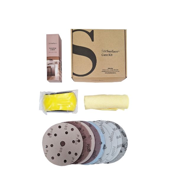 Timberline SilkSurface Care Kit with polish, yellow sponge, microfibre cloth and sanding discs in box packaging