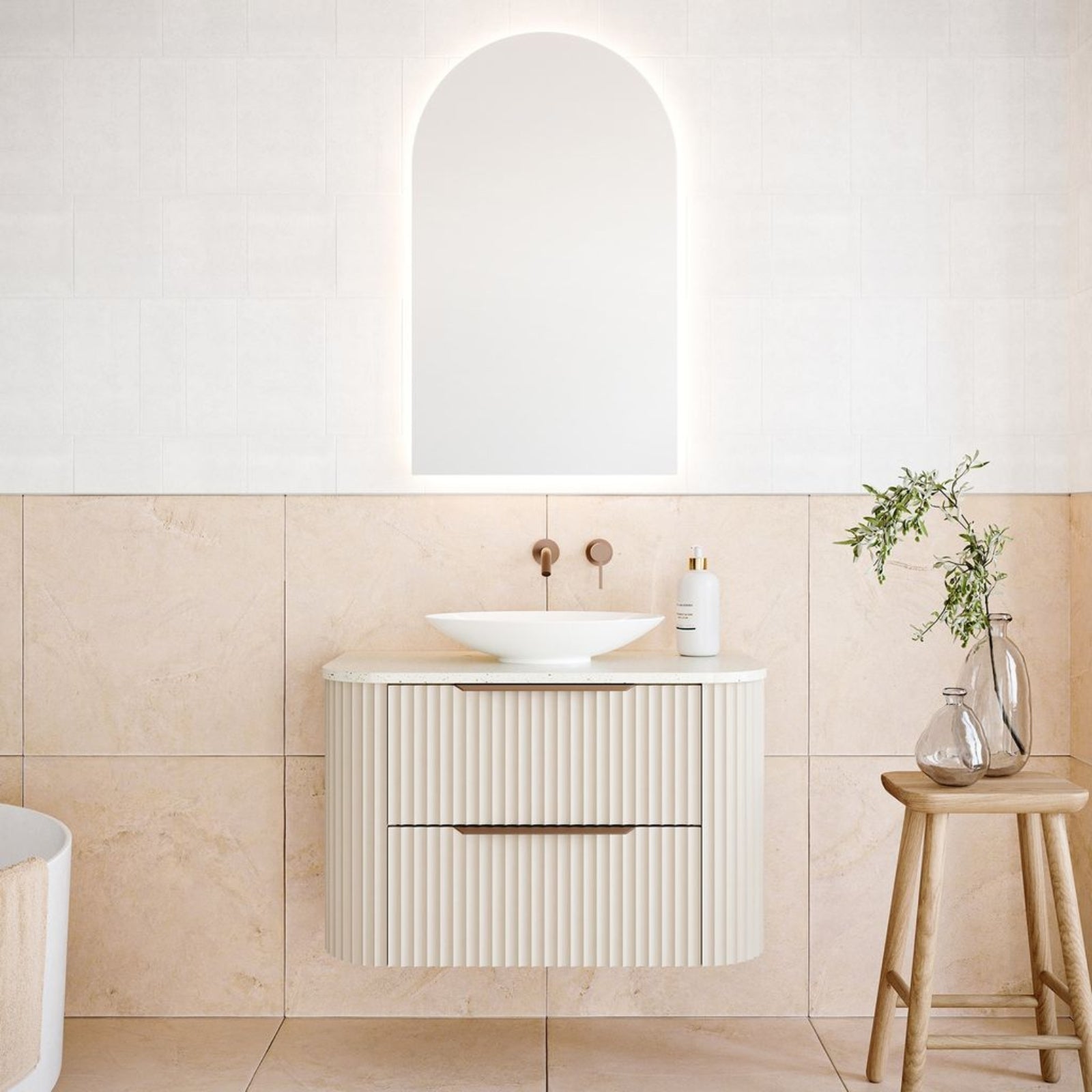 Timberline Socoa Apollo wall hung vanity with above counter basin, white fluted finish in a modern bathroom setting