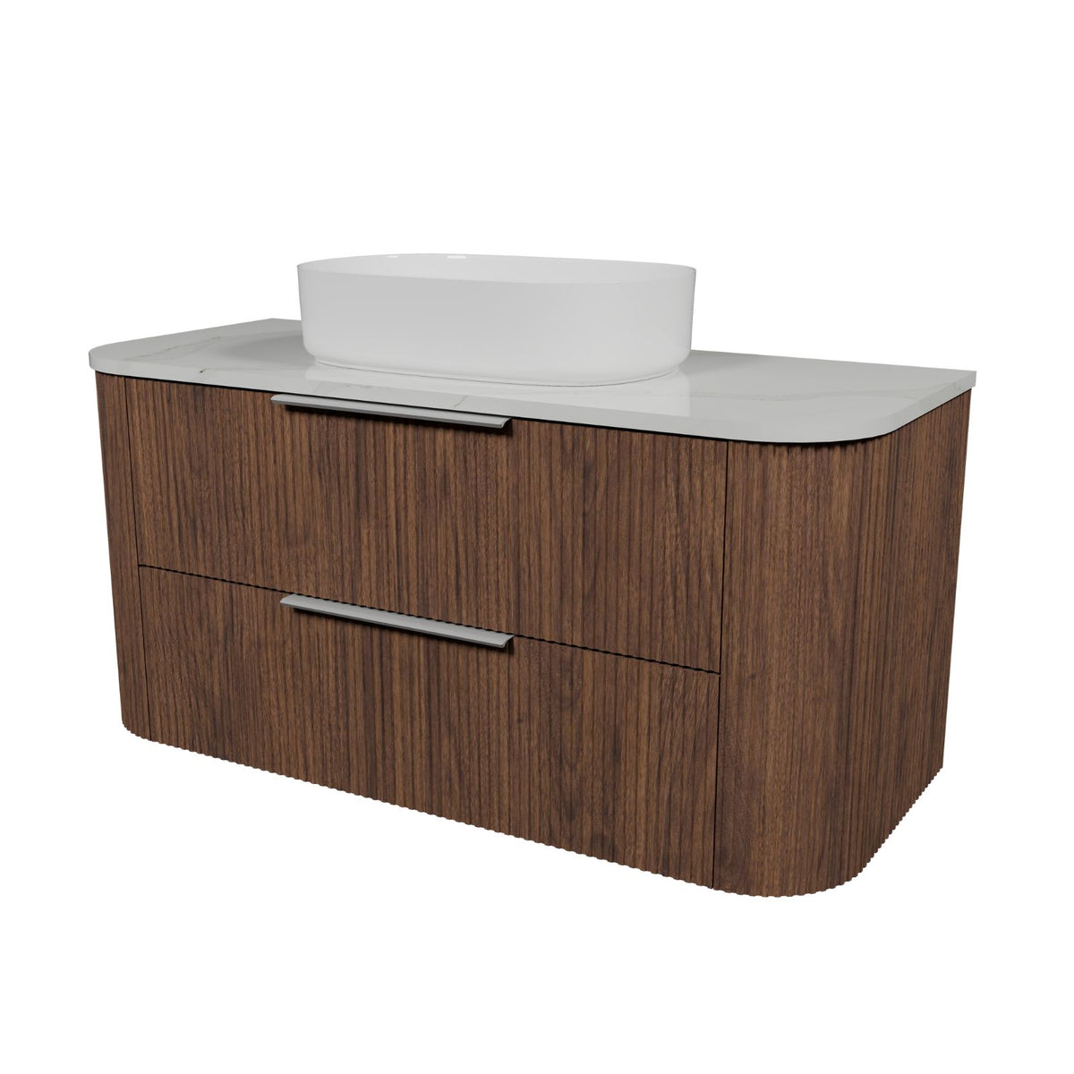 Timberline Socoa Dockland wall hung vanity with woodgrain finish, white slab top and above counter basin, front view