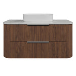 Timberline Socoa Dockland wall hung vanity in woodgrain finish with white above-counter basin and slab top, front view