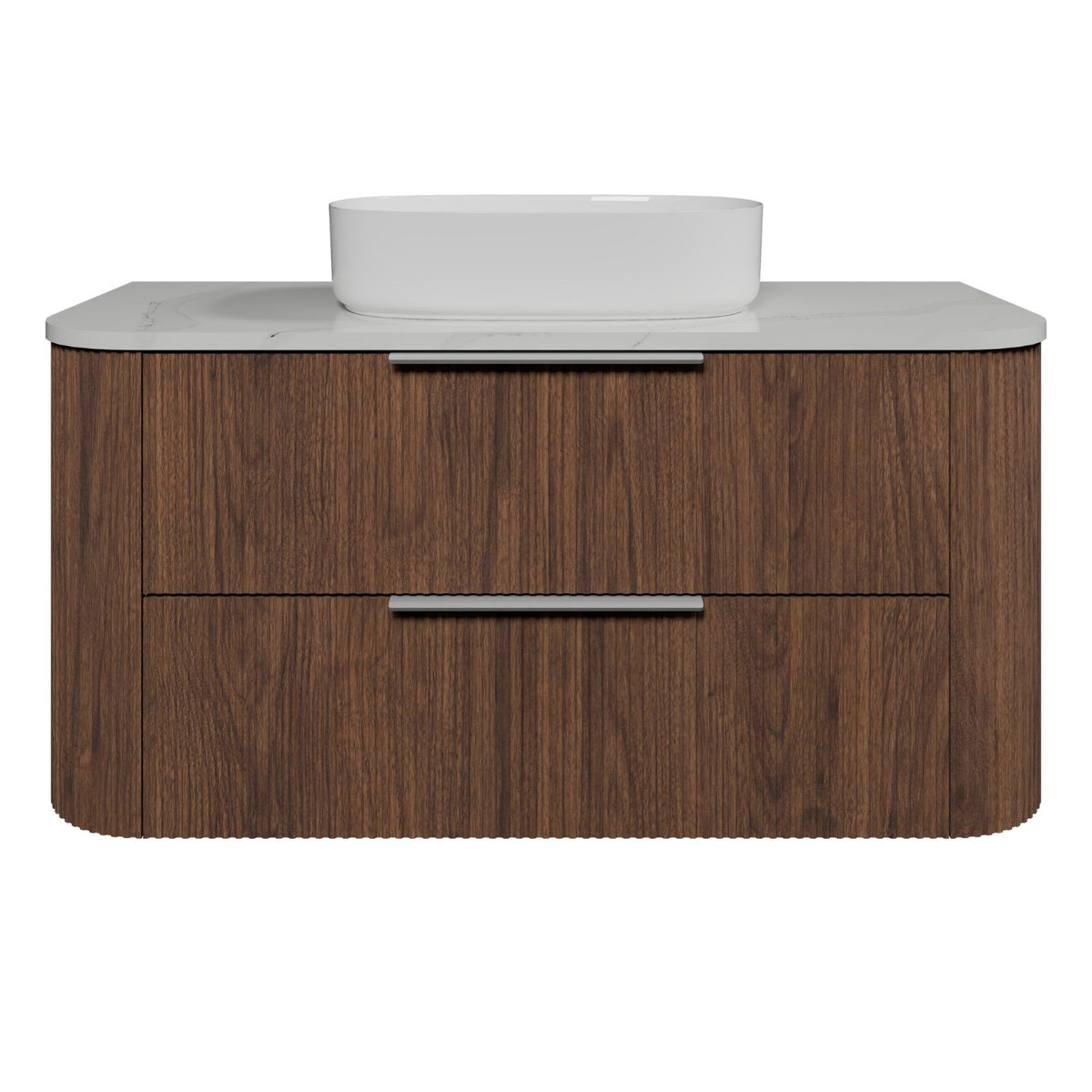 Timberline Socoa Dockland wall hung vanity in woodgrain finish with white above-counter basin and slab top, front view