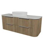 Timberline Socoa Dockland wall hung vanity with woodgrain finish, white slab top and above-counter basin, angled front view