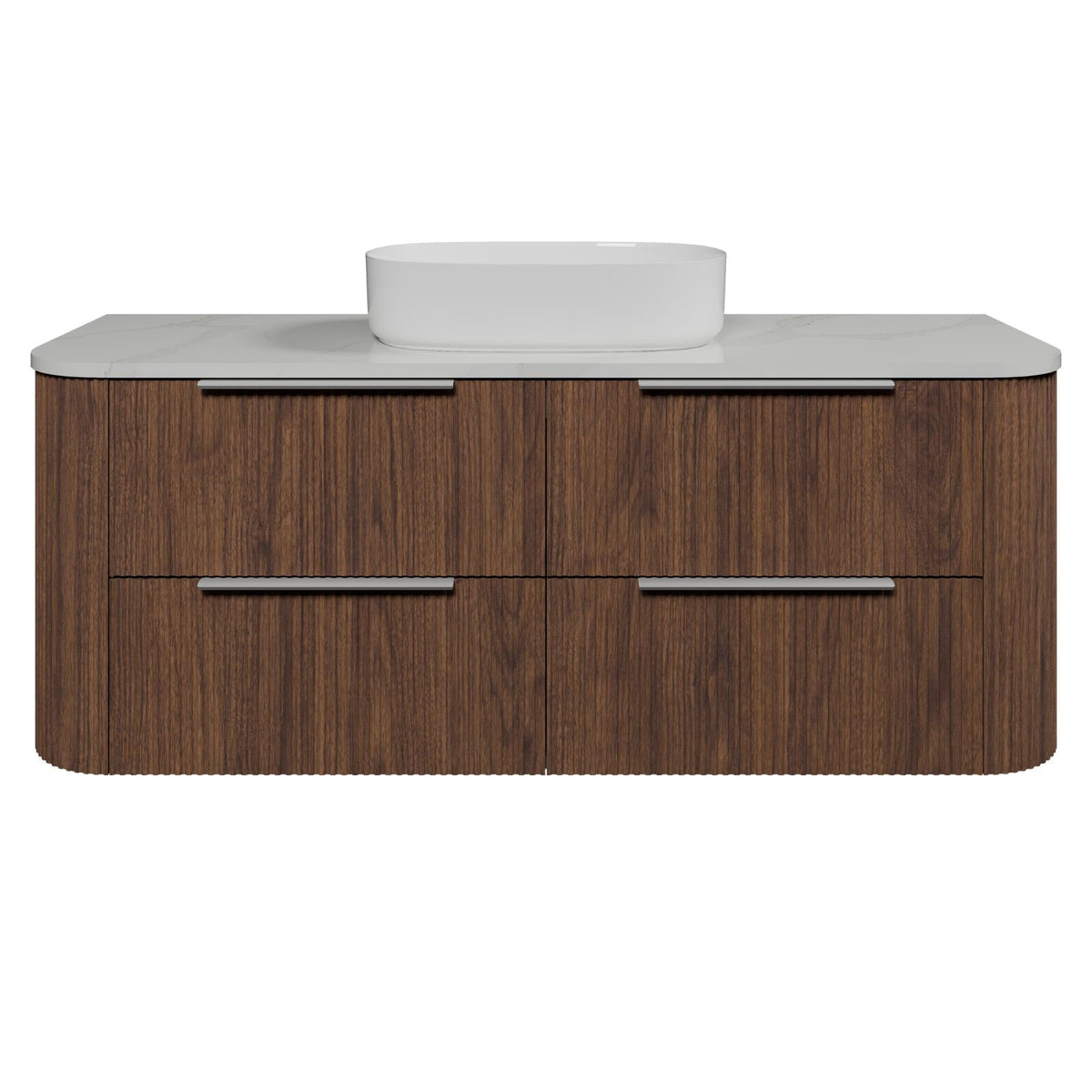 Timberline Socoa Dockland wall hung vanity with woodgrain drawers, white slab top and oval above-counter basin
