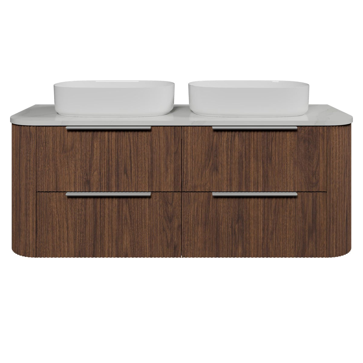 Timberline Socoa Dockland wall hung vanity with double white above-counter basins, woodgrain finish and slab top