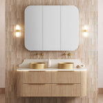 Timberline Socoa Dockland wall hung vanity with fluted woodgrain drawers, white slab top and twin above counter basins