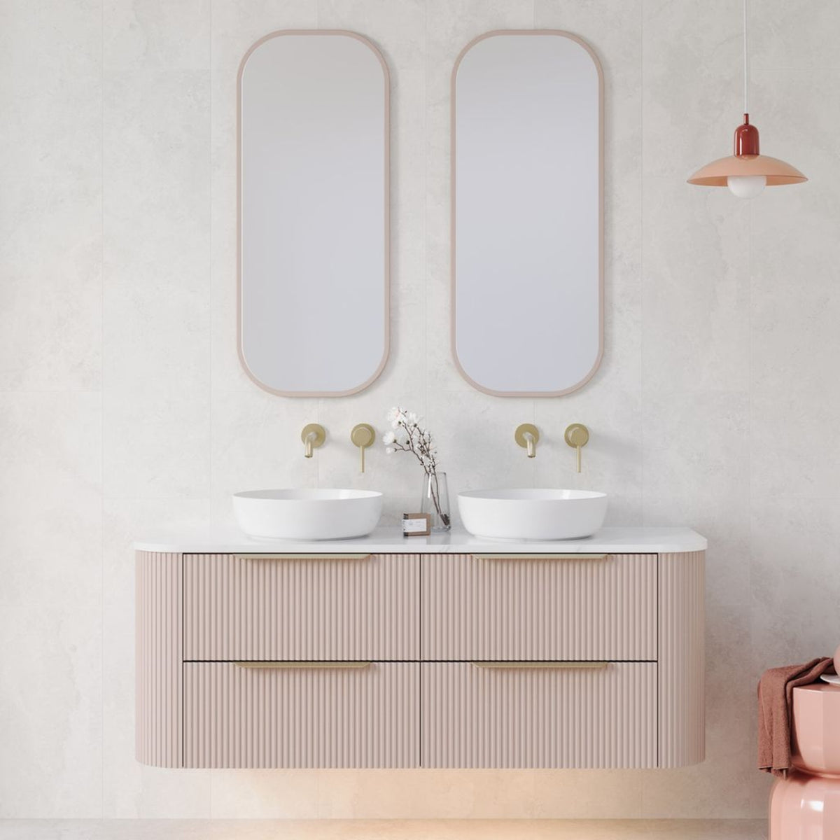 Timberline Socoa Dockland wall hung vanity with twin above-counter basins, woodgrain fluted finish, rounded ends and white top