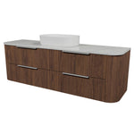 Timberline Socoa Dockland wall hung vanity with woodgrain drawers, white slab top and above counter basin