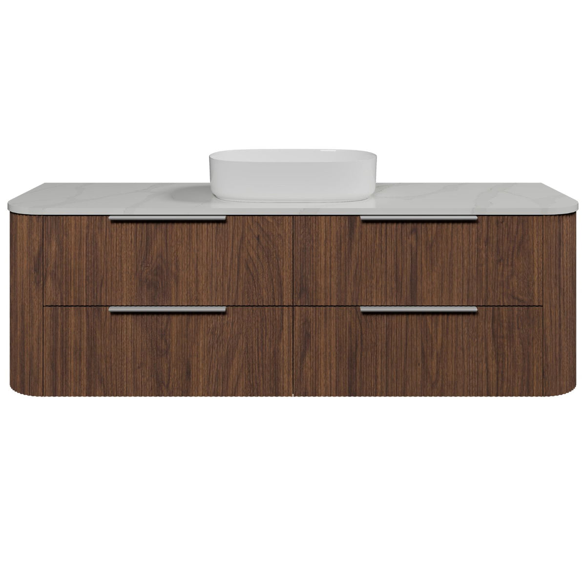 Timberline Socoa Dockland wall hung vanity, woodgrain drawers, white above-counter basin and slab top, front view