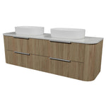 Timberline Socoa Dockland wall hung vanity in woodgrain finish with white above-counter double basins and drawers