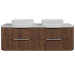 Timberline Socoa Dockland wall hung vanity with woodgrain drawers, white slab top and two above counter basins, front view