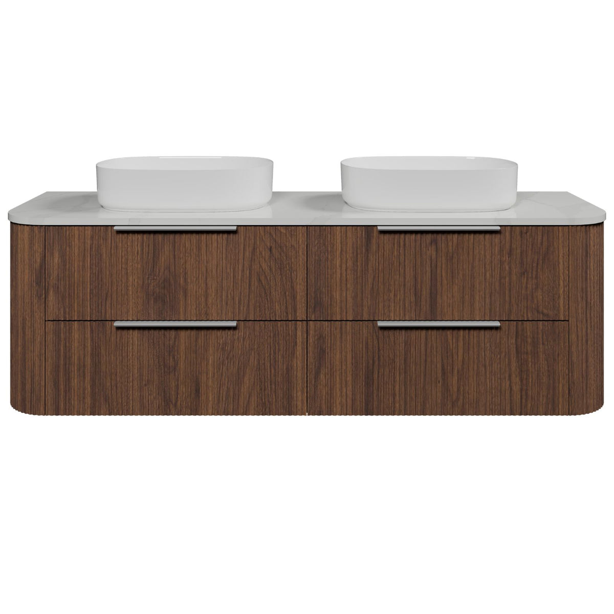 Timberline Socoa Dockland wall hung vanity with woodgrain drawers, white slab top and two above counter basins, front view