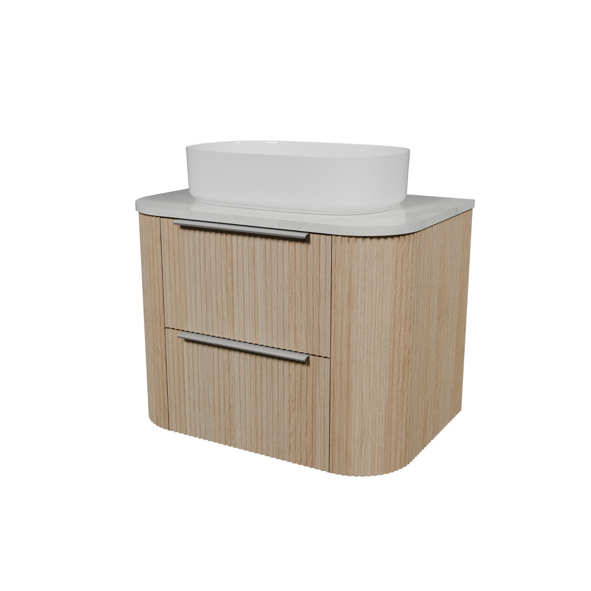 Timberline Socoa Dockland wall hung vanity with woodgrain finish, white above-counter basin and rounded fluted ends