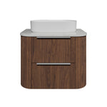 Timberline Socoa Dockland wall hung vanity with white above-counter basin, woodgrain finish and rounded ends