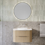Timberline Socoa Dockland wall hung vanity with white above counter basin and ribbed woodgrain finish in a bathroom setting