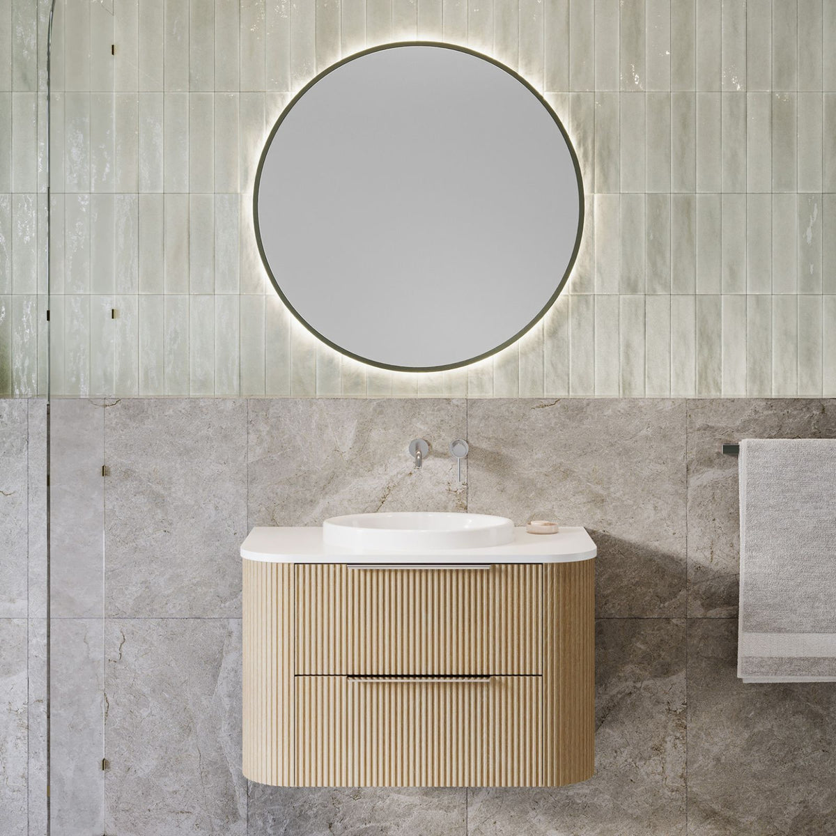 Timberline Socoa Dockland wall hung vanity with white above counter basin and ribbed woodgrain finish in a bathroom setting