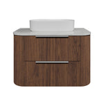 Timberline Socoa Dockland wall hung vanity, woodgrain finish with white above-counter basin and slab top, front view